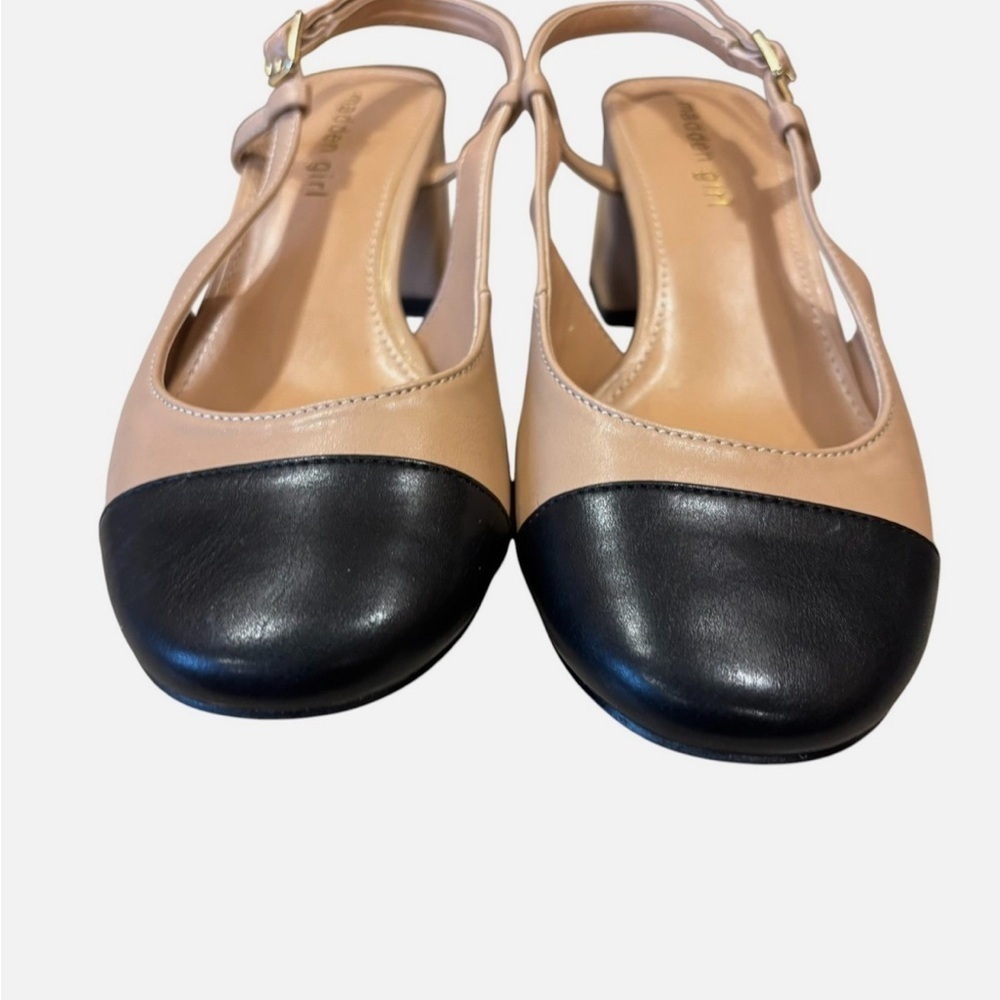 Madden Girl Cap Toe Slingback Block Heels Nude Black Sz 8 French Girl Preppy - Picture 4 of 8
